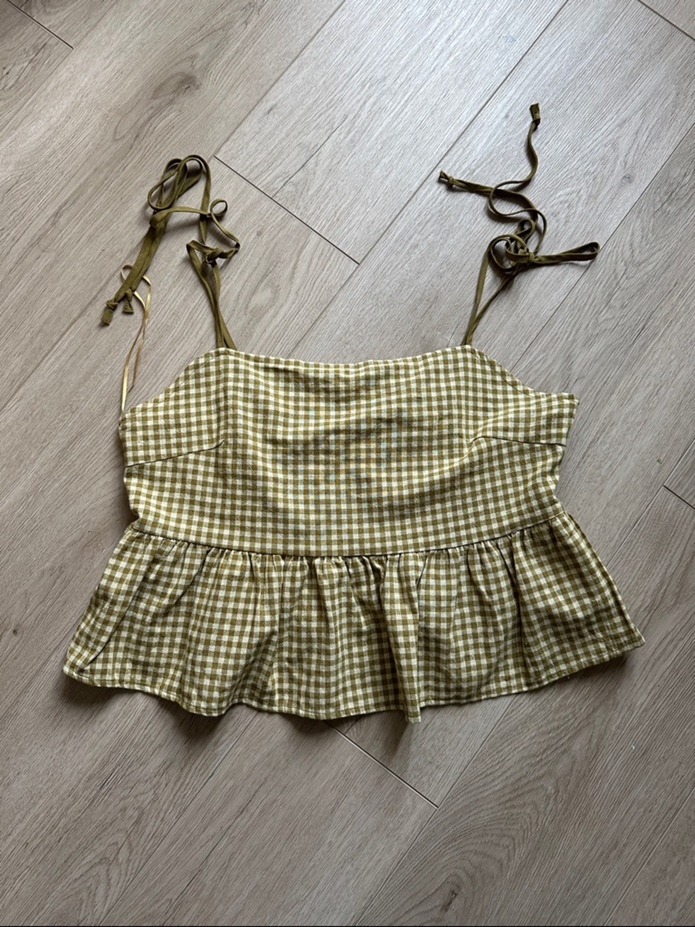 Gingham Tie-Shoulder Peplum Camisole in Olive Green